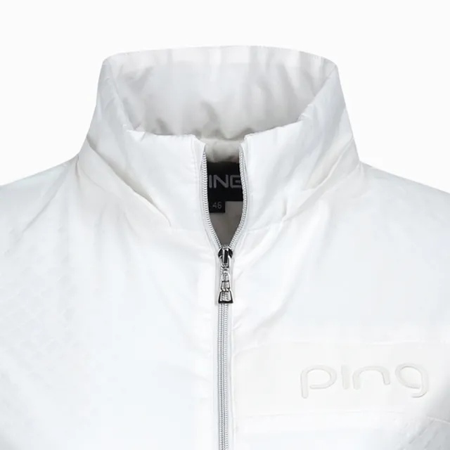 【PING】女款方格模印防風防潑水可拆帽鋪棉外套-白(GOLF/高爾夫/RC23225-73)