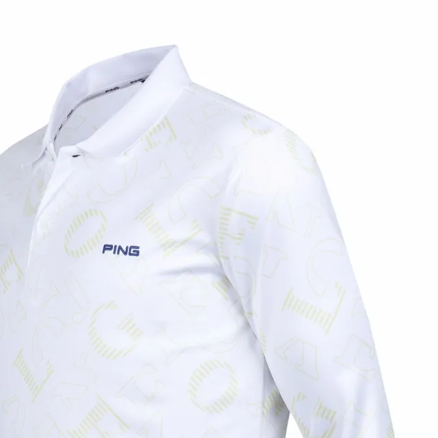 【PING】男款字母印花吸濕排汗薄長袖POLO衫-白(GOLF/高爾夫球衫/PA23209-87)