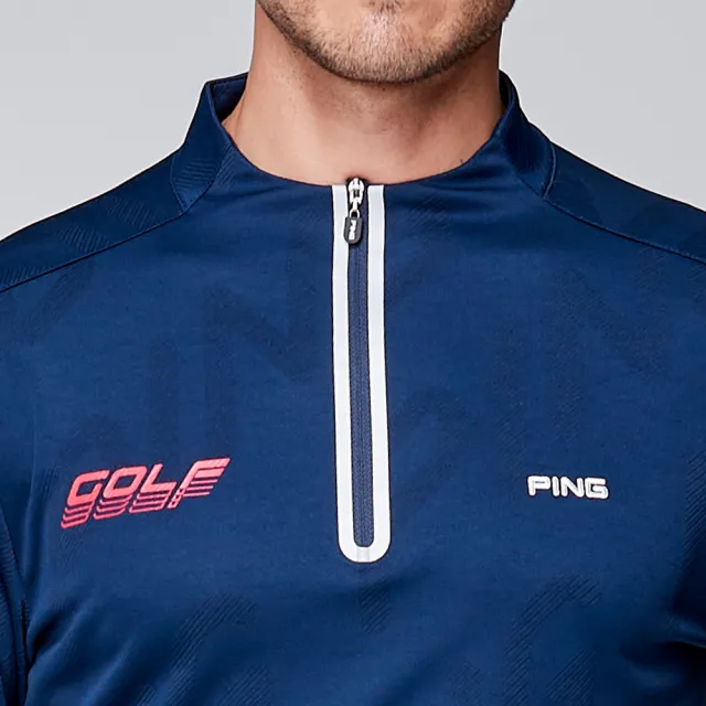 【PING】男款LOGO緹花吸濕排汗立領薄長袖POLO衫-深藍(GOLF/高爾夫球衫/PA23220-58)
