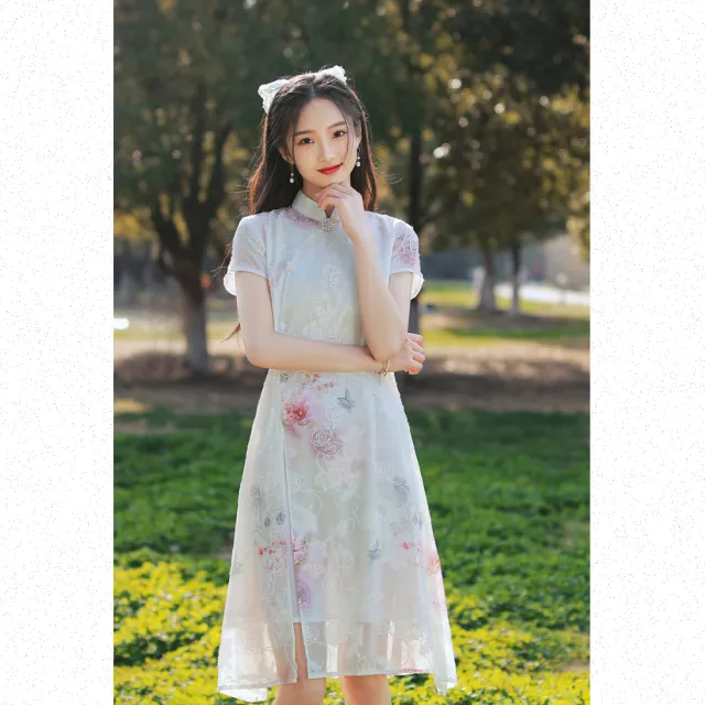 【Very Buy 非常勸敗】奧戴旗袍改良夏季短袖年輕款旗袍中長雙層少女小清新旗袍