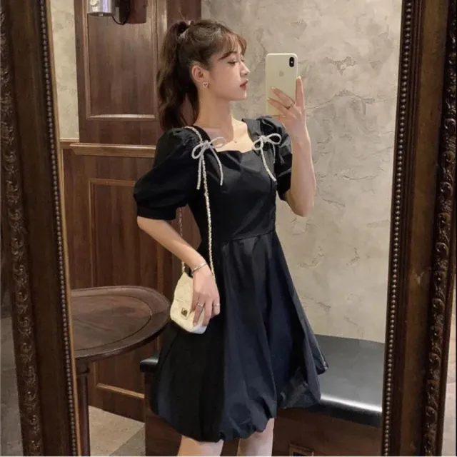 【Very Buy 非常勸敗】白色蝴蝶結方領泡泡袖洋裝女小個子夏季法式初戀森系設計感小眾