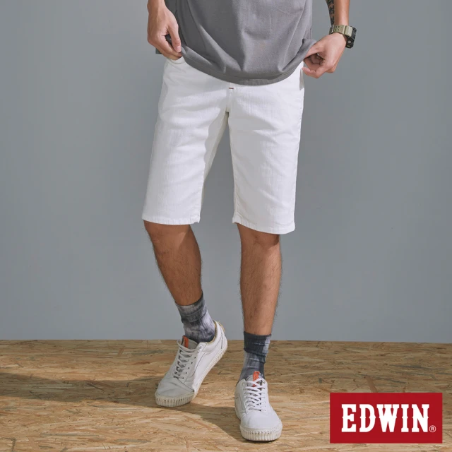 EDWINEDWIN 男裝 EDGE 經典紅繡線口袋合身牛仔短褲(白色)
