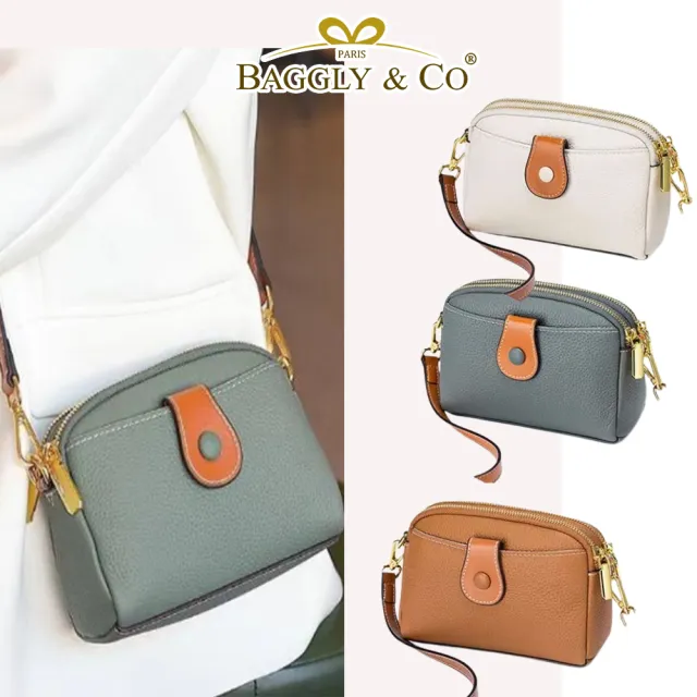 【BAGGLY&CO】真皮 諾斐頭層牛皮雙拉鍊多隔層手機包側背包 小包(真皮包包 四色)