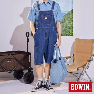 【EDWIN】男裝 橘標 寬版吊帶牛仔短褲(中古藍)