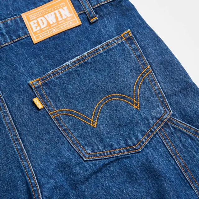 【EDWIN】男裝 橘標 寬版吊帶牛仔短褲(中古藍)
