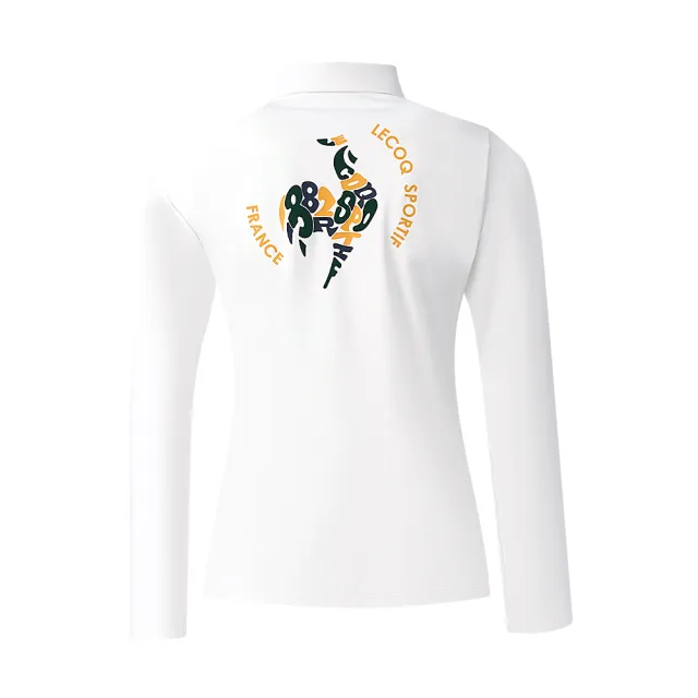 【LE COQ SPORTIF 公雞】高爾夫系列 女款白色立體印花POLO長袖棉衫 QLS2T112