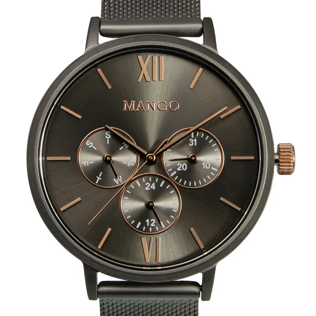 【MANGO】簡約三眼時尚米蘭帶腕錶-MA6766L-GY(槍灰/38mm)