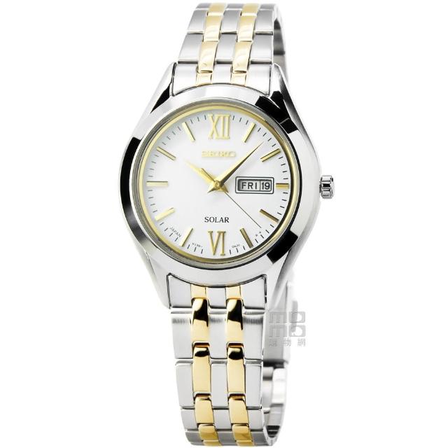 【SEIKO 精工】精工太陽能藍寶石石英鋼帶女錶-白面中金(STPX033)