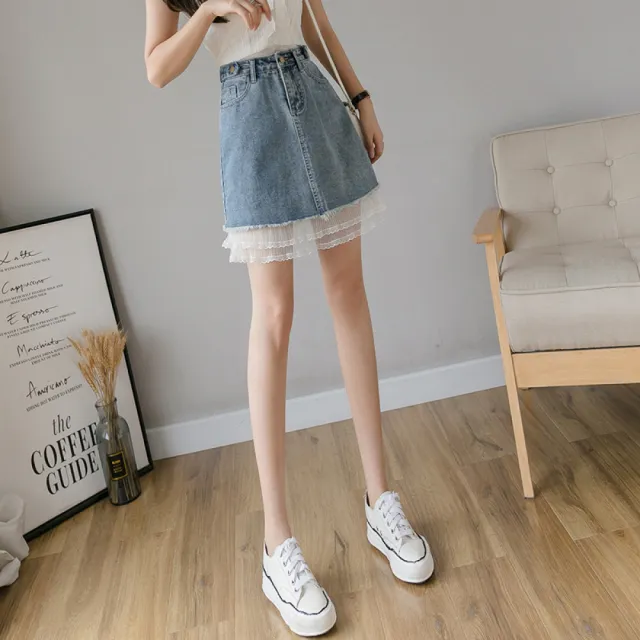 【Very Buy 非常勸敗】網紗拼接牛仔A字裙女2023夏款甜美百搭牛仔半身裙短裙女