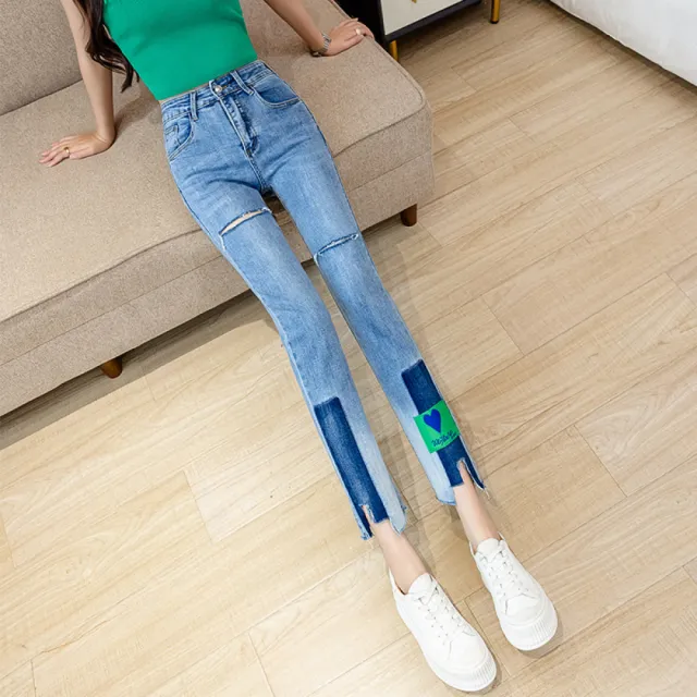 【Very Buy 非常勸敗】牛仔褲女2022早秋新款時尚歐美高腰彈力顯瘦破洞繡花九分直筒褲潮