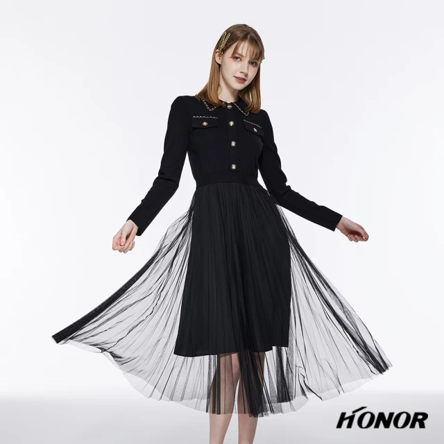 HONOR 山形屋 排釦鍊條網紗高腰連身洋裝(MOMO獨家限定)