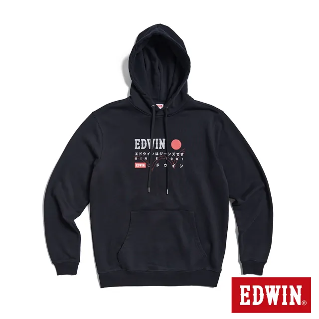 【EDWIN】男女裝 東京散策系列 EDWIN印象連帽長袖T恤(黑色)