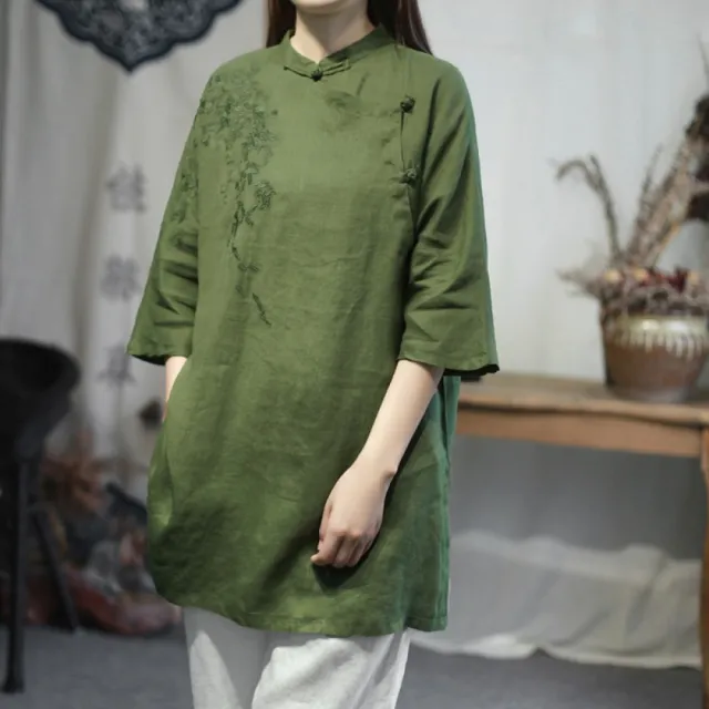 【Very Buy 非常勸敗】夏季亞麻中式盤釦刺繡襯衫女中國風復古禪意茶服上衣大尺碼佛系