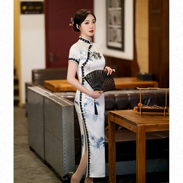 【Very Buy 非常勸敗】絲綢提花旗袍優雅改良長款蕾絲花邊旗袍年輕女士日常旗袍