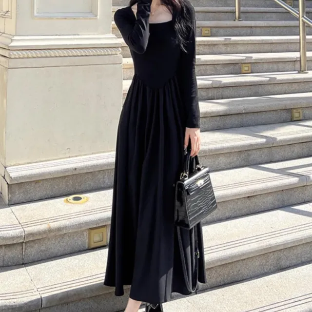【Amirr 艾米爾】★法式赫本風收腰連身長裙(女上衣/長袖/修身)