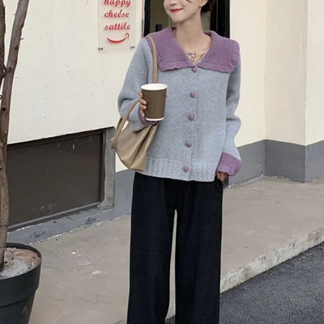 【Amirr 艾米爾】★ 娃娃領撞色愛心扣針織開衫外套(女上衣/長袖/保暖)