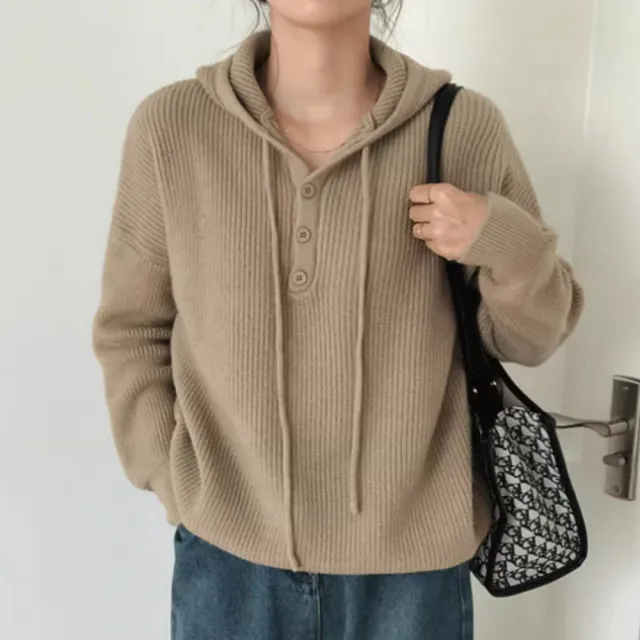 【Amirr 艾米爾】★復古日系風連帽針織上衣(女上衣/長袖/抽繩)