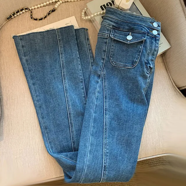 【Very Buy 非常勸敗】復古藍色高腰牛仔褲女2022春季新款修身直筒顯瘦百搭小個子喇叭褲