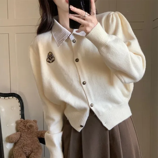【Amirr 艾米爾】★學院風拼接假兩件開衫上衣(女上衣/長袖/針織)