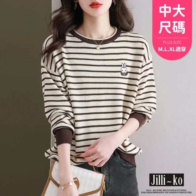 JILLI-KO 條紋寬鬆針織衫女兔子圖案長袖T恤中大尺碼-F(黑/咖)