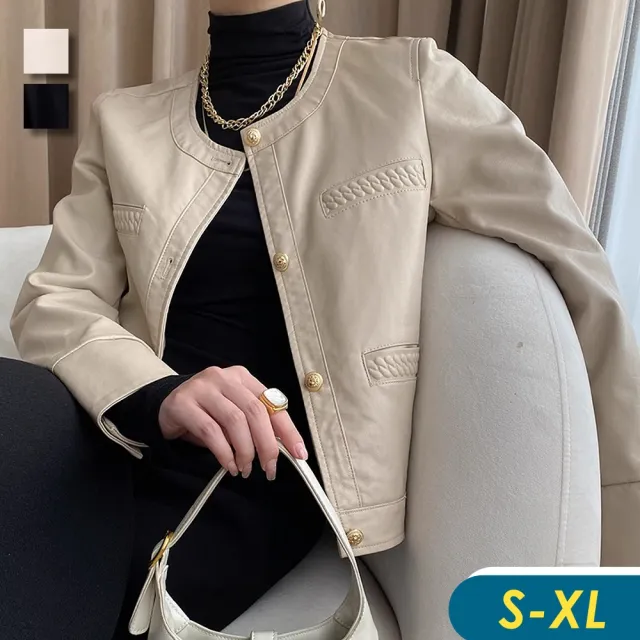 【CHACO】/預購/女春秋優雅圓領小香風金釦質感PU皮衣外套#PY2161(夾克 皮衣 小香風 PU 外套 女)