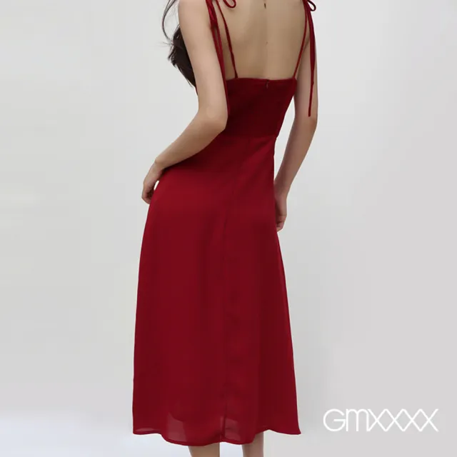 【Gmxxxx】法式紅雪紡顯瘦綁帶長洋裝(雪紡洋裝 長洋裝)