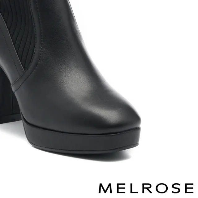 【MELROSE】美樂斯 率性牛皮拼接彈力飛織布方頭美型高跟短靴(黑)