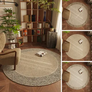 【聚時柚】棉麻紋高質感 地板防刮 桌椅地墊80cm圓形(比利時絲圈絨印花地毯)
