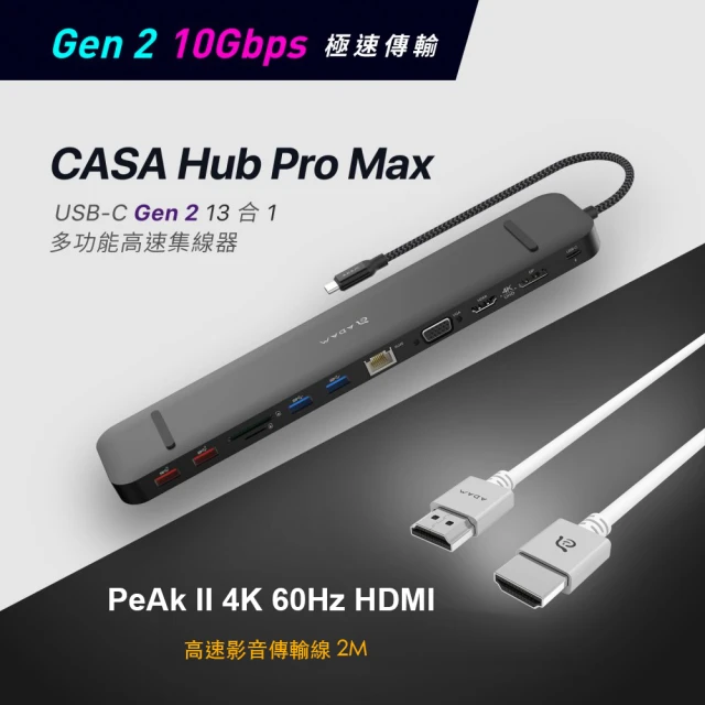ADAM 亞果元素ADAM 亞果元素 超值組CASA Hub Pro Max 13合1 USB-C 3.1 Gen2 多功能高速集線器(Hub+HDMI線組合)