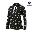 【LE COQ SPORTIF 公雞】高爾夫系列 女款黑色滿版印花POLO長袖棉衫 QLS2T106