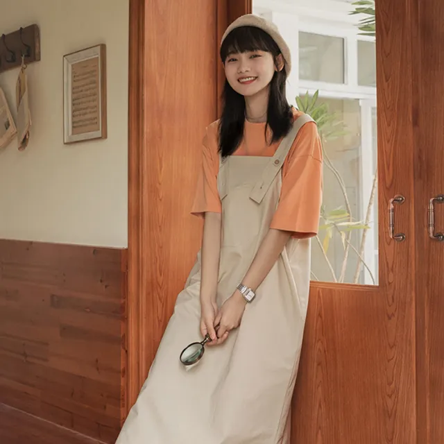 【那木】日系口袋設計寬鬆吊帶裙(連衣裙背帶裙洋裝)