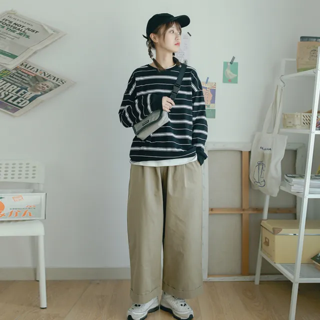 【那木】黑白撞色條紋圓領上衣(春秋保暖寬鬆顯瘦T恤)