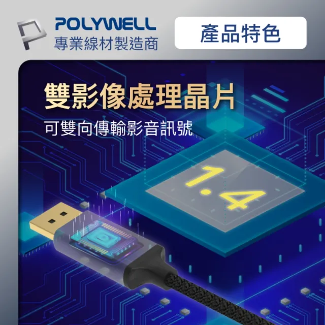 【POLYWELL】Type-C公轉DP公 雙向轉接線 8K60Hz /3米