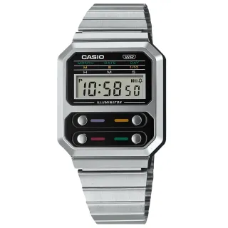 【CASIO 卡西歐】卡西歐 復古方型 計時碼錶 電子數位 不鏽鋼手錶 黑銀色 33mm(A100WE-1A)