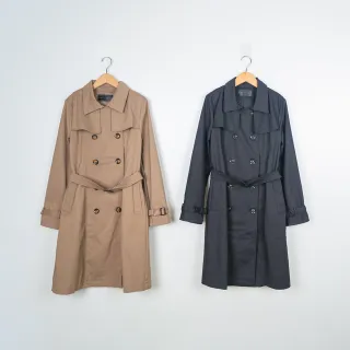 【MASTINA】率性長版雙排釦風衣長袖外套(黑 卡 灰)