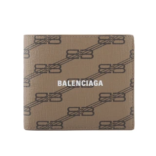 【Balenciaga 巴黎世家】BB Monogram 塗層帆布零錢袋對開短夾(米色/棕色)