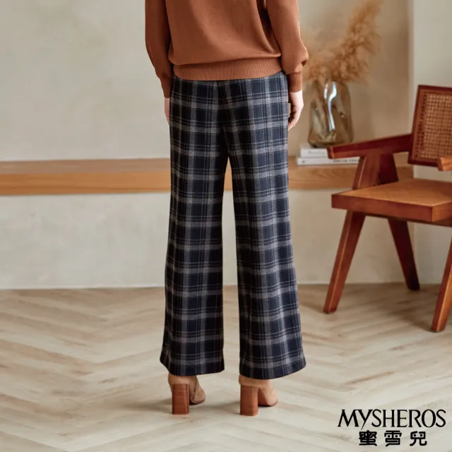 【MYSHEROS 蜜雪兒】造型長褲 鬆緊腰頭 時尚格紋 修身輕軟保暖寬褲(咖啡)