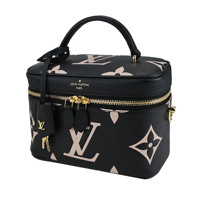 【Louis Vuitton 路易威登】M45780 SAC VANITY 經典LOGO牛皮壓花鎖頭手提/兩用包(黑X米)