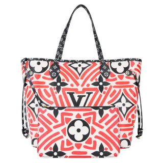 【Louis Vuitton 路易威登】M56583 Neverfull MM 帆布印花塗鴉幾何附手拿肩背托特包(紅X米白)