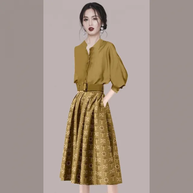 【Very Buy 非常勸敗】法式小眾輕奢時尚套裝女早秋襯衫收腰顯瘦印花半裙兩件式套裝