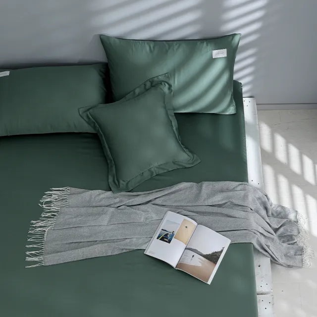 【GOLDEN-TIME】60支100%純淨天絲三件式枕套床包組-墨松綠(加大)