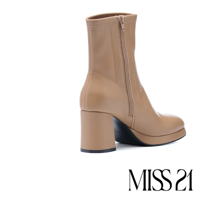 【MISS 21】復古時髦純色側拉鍊方頭水台高跟短靴(駝)