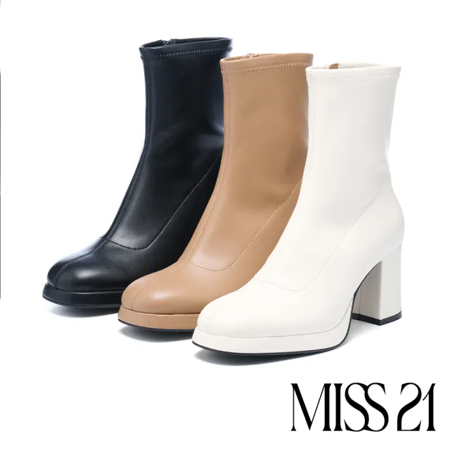 【MISS 21】復古時髦純色側拉鍊方頭水台高跟短靴(駝)