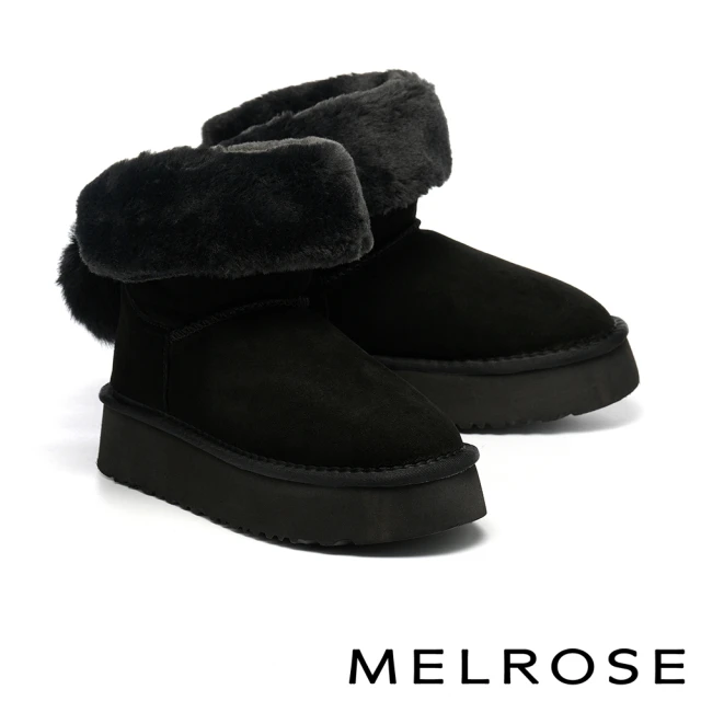 【MELROSE】美樂斯 率性可愛兔毛球造型鍊條牛磨砂皮厚底短靴(黑)