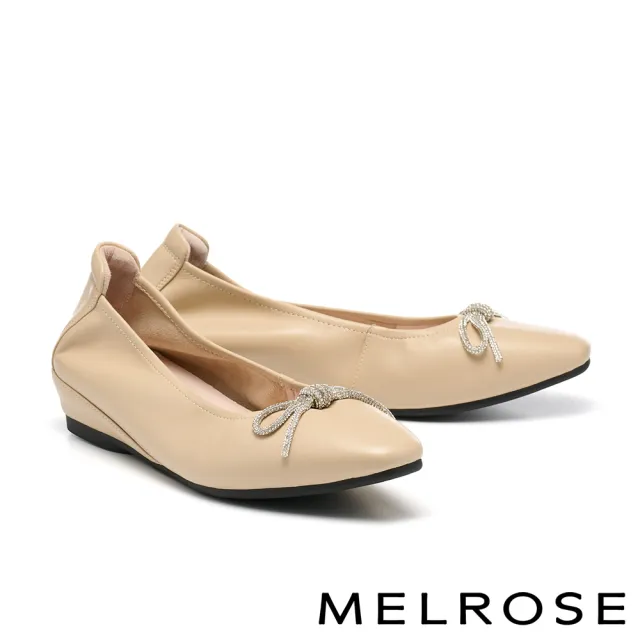 【MELROSE】美樂斯 沉穩典雅晶鑽蝴蝶結全真皮小方頭楔型低跟鞋(杏)