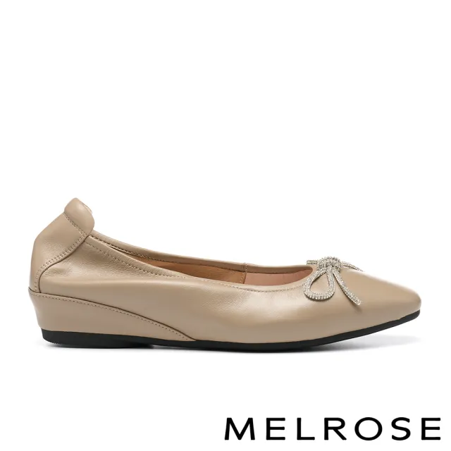 【MELROSE】美樂斯 沉穩典雅晶鑽蝴蝶結全真皮小方頭楔型低跟鞋(可可)