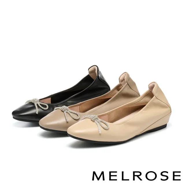 【MELROSE】美樂斯 沉穩典雅晶鑽蝴蝶結全真皮小方頭楔型低跟鞋(可可)