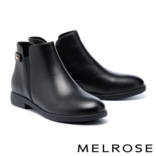 MELROSE 美樂斯 簡約質感M字釦鬆緊帶拼接牛皮厚底短靴(黑)