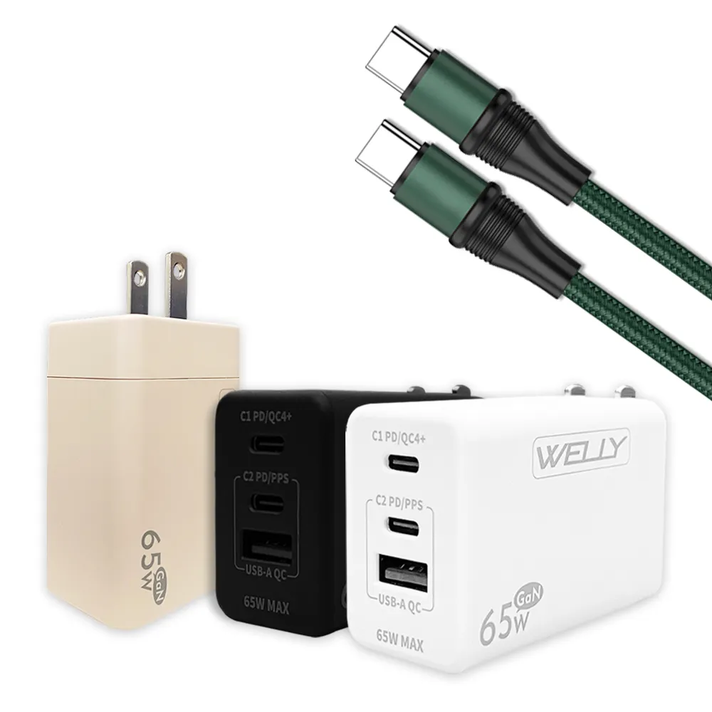 【WELLY】65W氮化鎵GaN 極速充電器+100W Type-C to Type-C 1.2M 傳輸充電線(組合)