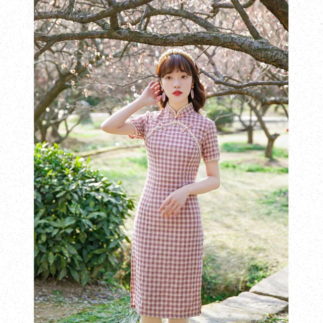 【Very Buy 非常勸敗】中長單層雪尼爾日常旗袍春季改良文藝格子年輕少女款旗袍